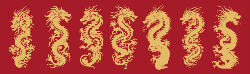 Wall Mural - set of illustration of chinese traditional ancient dragon in a gold color isolated on a red backgrou