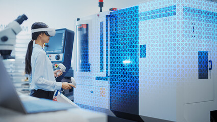 Fototapete - Professional Research and Development Specialist Wearing a Virtual Reality Headset, Managing Settings on an Industrial Machine at a Factory Facility. Digital Hologram Showing Scanning in Action.