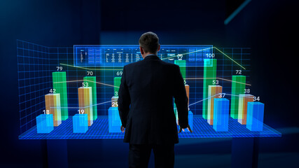 Poster - Business Metaverse and Virtual Space Concept: Businessman Operating Augmented Reality Dashboard in Cyberspace. Specialist Touching the Hologram to Show Interactive Charts and Graphs with Statistics