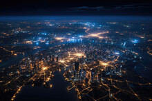 Night Of Planet Earth Globe From Space View With City Light Of Each Countries On Land And Sunlight, Galaxy And Space Concept.