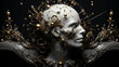 surreal human skull, association with rotating galaxies, metal, diamonds