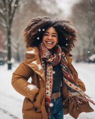 Wall Mural - A beautiful african american woman walking in a winter snow landscape