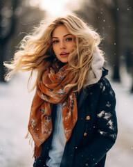 Wall Mural - A beautiful blonde woman walking in a winter snow landscape