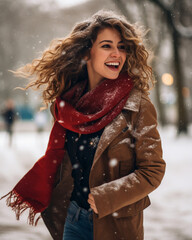 Wall Mural - A beautiful woman walking in a winter snow landscape