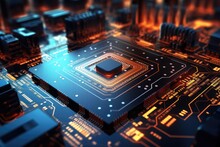 Circuit Board With Microchips And Electronic Components. 3d Rendering, Futuristic Circuit Board And Microchip With Glowing Data Transfer Board, AI Generated