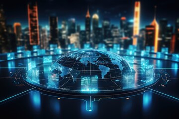 Canvas Print - Glowing world map on blue background. Globalization concept. 3D Rendering, Futuristic business management system and network line hologram, AI Generated