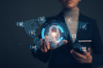 Poster - Businessman finger touching padlock icon.Cybersecurity protection concept.Innovative digital crime prevention technology.Financial data protection financial transaction security.