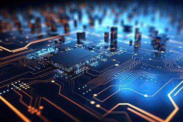 Poster - Circuit board close-up. Technology background. 3d rendering, Futuristic circuit board technology wallpaper with digital waves and glowing patterns, AI Generated
