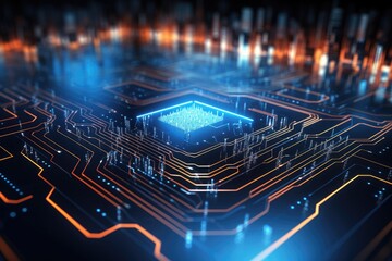 Poster - Circuit board background. 3d rendering, 3d illustration, Futuristic circuit board technology wallpaper with digital waves and glowing patterns, AI Generated