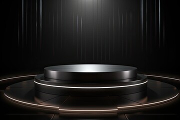 Wall Mural - Black round podium on a dark background. 3d rendering mock up, Futuristic dark podium with light and reflection background, AI Generated