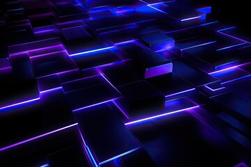 Poster - abstract background with glowing squares in blue and violet colors. 3d rendering, futuristic sci-fi 