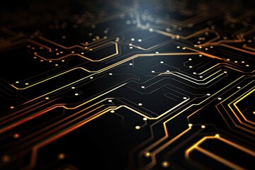 Canvas Print - Circuit board, technology background. 3d rendering toned image, Futuristic technology wallpaper with digital waves and circuit board patterns, Black background, AI Generated