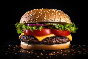 Wall Mural - Delicious cheeseburger with lettuce, tomato and sesame seed bun on black background