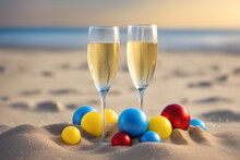 Two Glasses Of Champagne Or Sparkling Wine With Red, Yellow And Blue Christmas Tree Balls Served On A White Sandy Tropical Beach With Dunes And Blue Ocean, Photo Playground AI Platform