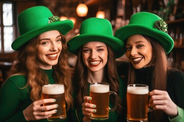 friends with beer celebrating St. Patrick's Day on bar background. AI Generated