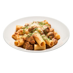 Wall Mural - Rigatoni with sausage on a white background