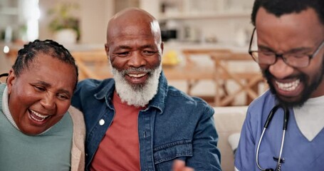 Sticker - Video call, laptop and doctor with senior couple on sofa in living room for telehealth. Healthcare, computer and African caregiver with elderly people in retirement for medical consultation at home.