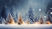 Christmas Winter Blurred Background. Widescreen Backdrop. New Year Winter Art Design, Wide Screen Holiday Border, Xmas Tree With Snow Decorated With Garland Lights, Holiday Festive Background. 