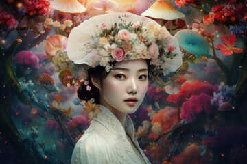 Wall Mural -  Beautiful Chinese young woman with flowers, AI generated