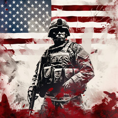 Wall Mural - American National Holiday. US soldier with national flag and colors. Veterans Day or Memorial Day concept.