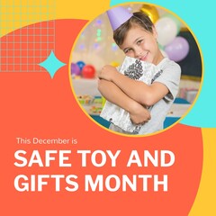 Canvas Print - Composite of safe toys and gifts month text over happy caucasian boy on orange background