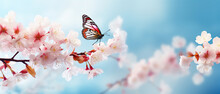 Beautiful Butterfly And Cherry Blossom Branch In Spring On Blue Sky Background With Copy Space, Soft Focus. Amazing Elegant Artistic Image Of Spring Nature, Frame Of Pink Sakura Flowers And Butterfly.