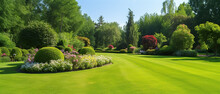Beautiful Manicured Lawn And Flowerbed With Deciduous Shrubs On Plot Or Park Outdoor. Green Lawn Closely Mowed Grass.