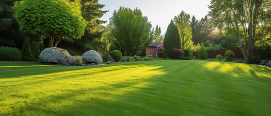 Beautiful manicured lawn and flowerbed with deciduous shrubs on plot or Park outdoor. Green lawn closely mowed grass.