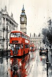 Fototapeta Big Ben - London street with red bus in rainy day sketch illustration