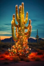 Christmas Illuminations On An Arizona's Saguaro Cactus In Tucson Amidst Evening Blue Skies.