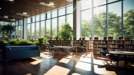 Canvas Print - Eco-conscious library: natural light floods interior rooftop with green space and solar panels exemplifies sustainable design