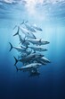 Enchanting marine poster. portrait of shoal of big fish swimming in clear water on clear blue water sunlit . side view. Concept sea life.
