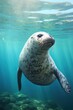 Enchanting sea poster. portrait of a baby sea lion swimming on clear blue water . Concept sea life.