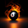 Burning black eight billiard ball on fire with flame tail on dark background, sport motion and action photography for wallpaper , poster or logo