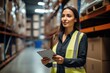 © Premreuthai - Woman employee or supervisor checks products at warehouse. Female warehouse employees reading a clipboard an checking packages on shelf in a large logistics center.