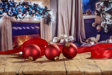 Wall Mural - Desk of free space and christmas small balls. Empty space for your decoration - mockup background. 