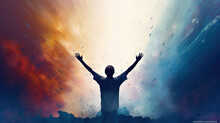 Man Raising His Hands In Worship And Praise Of God. Cheering Man With Colorful Pastel Illustration Oil Painting Wall Art Wallpaper