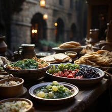 Spices In The Market, Turkish Local Food, Dishes In The Foreground Medieval Food Banquet, 