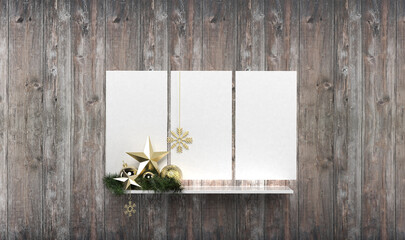 Wall Mural - christmas greeting card golden star decoration three picture frames for diy backlighted frames woode