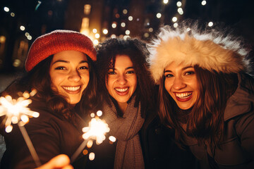 Wall Mural - A group of friends celebrating a night out with sparklers. New years eve celebration