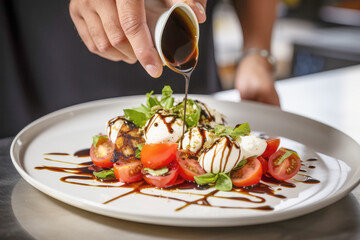 A vibrant and delicious salad featuring fresh vegetables, mozzarella cheese, and balsamic sauce, plated beautifully on a white background, representing a healthy and tasty meal.