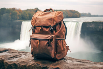 A backpack with picturesque waterfall, capturing the essence of autumn tourism and the joy of outdoor exploration.