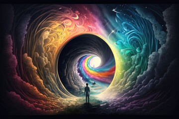 Poster - Man standing at the end of a tunnel with colorful clouds on it