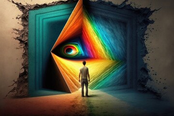 Poster - Man looking at abstract tunnel with colorful rays coming out of the door