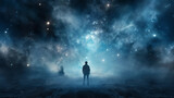 Fototapeta Kosmos - person standing in heavy blue fog in infinite universe