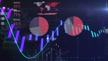 Poster - Animation of graph with changing numbers with infographic interface over black background