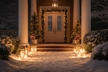 Poster -  a lighted front porch with candles and wreaths in the snow.  generative ai