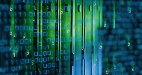 Poster - Animation of falling binary codes over data server racks in server room
