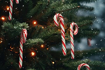 Poster -  a christmas tree with candy canes hanging from it's branches.  generative ai