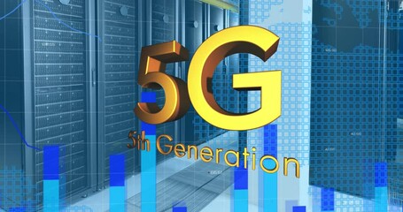 Poster - Animation of 5g, 5th generation text with graphs, changing numbers, map over data server room